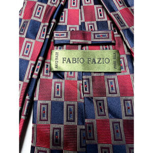 Fabio Fazio Red Blue Checked Geometric‎ Handmade 100% Silk Neck Tie Office Wear